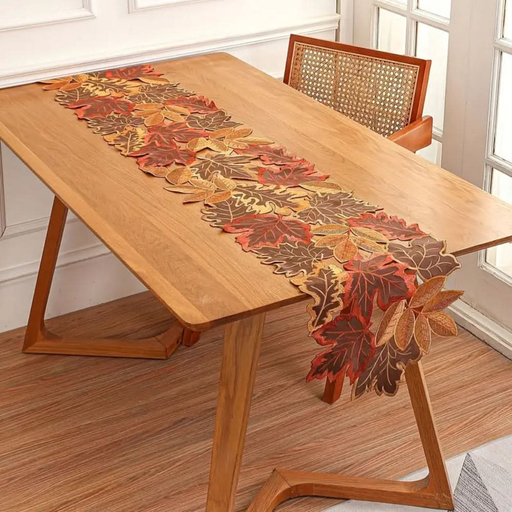 Embroidered Table Runner with Autumn Leaves Design