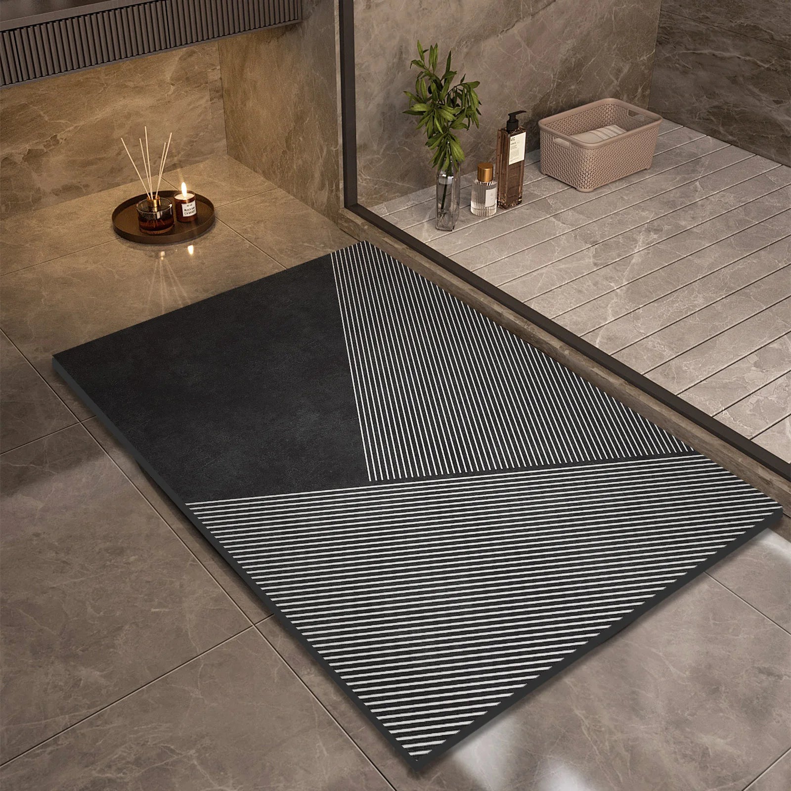 Elegant Black Stone-Style Bath Mat with Non-Slip Backing