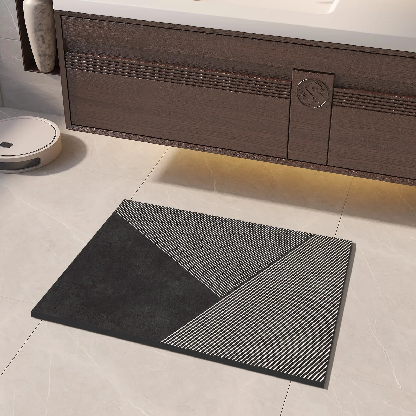 Elegant Black Stone-Style Bath Mat with Non-Slip Backing
