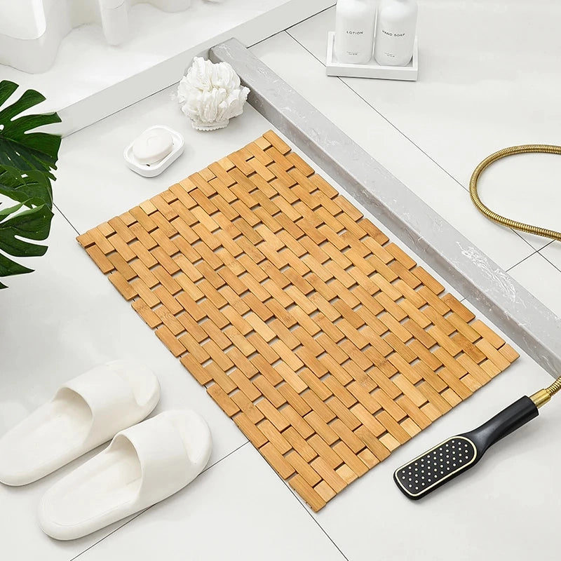 Natural Bamboo Bath Mat with Foldable Design for Stability