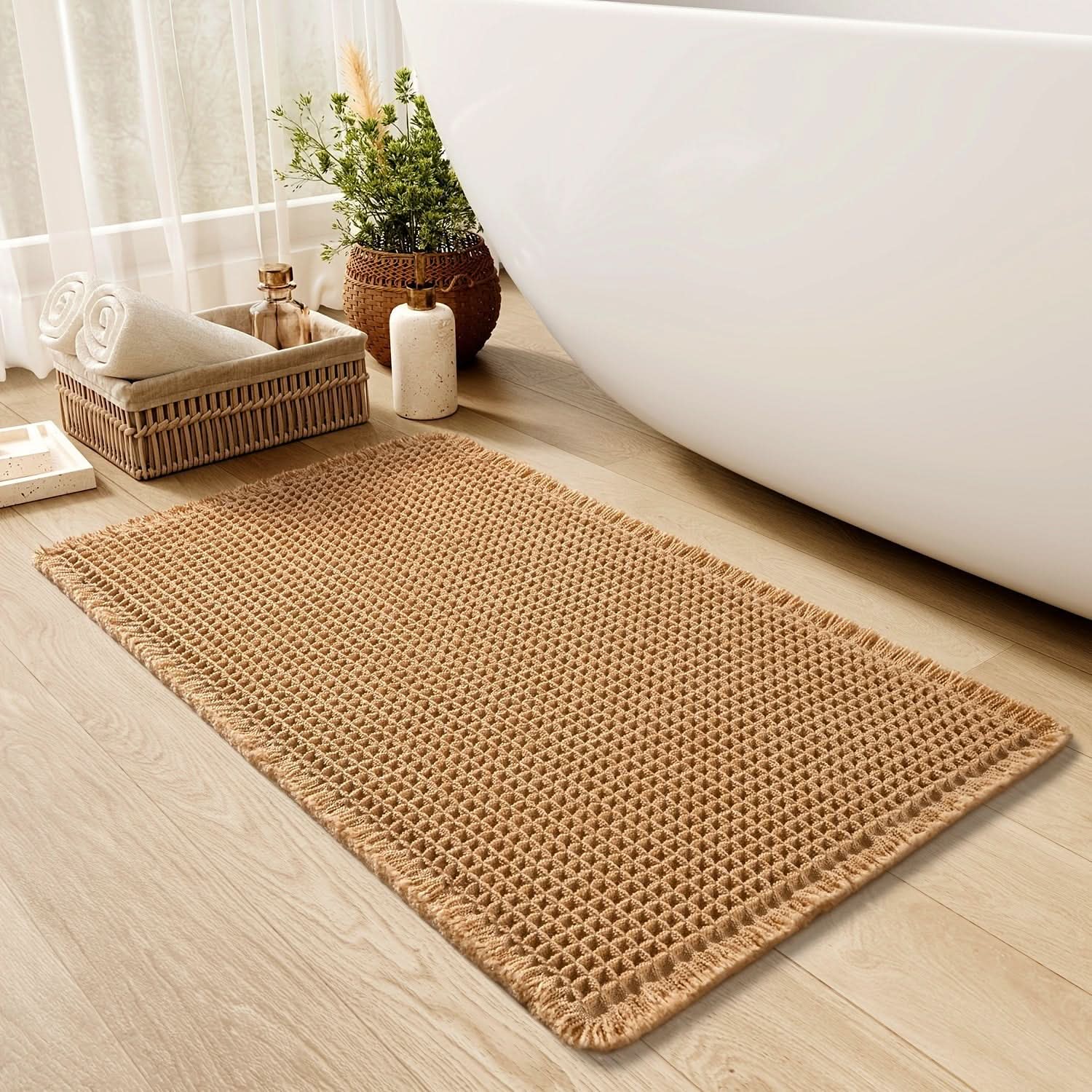 Soft Cotton Waffle Bathroom Rug with Non-Slip Backing