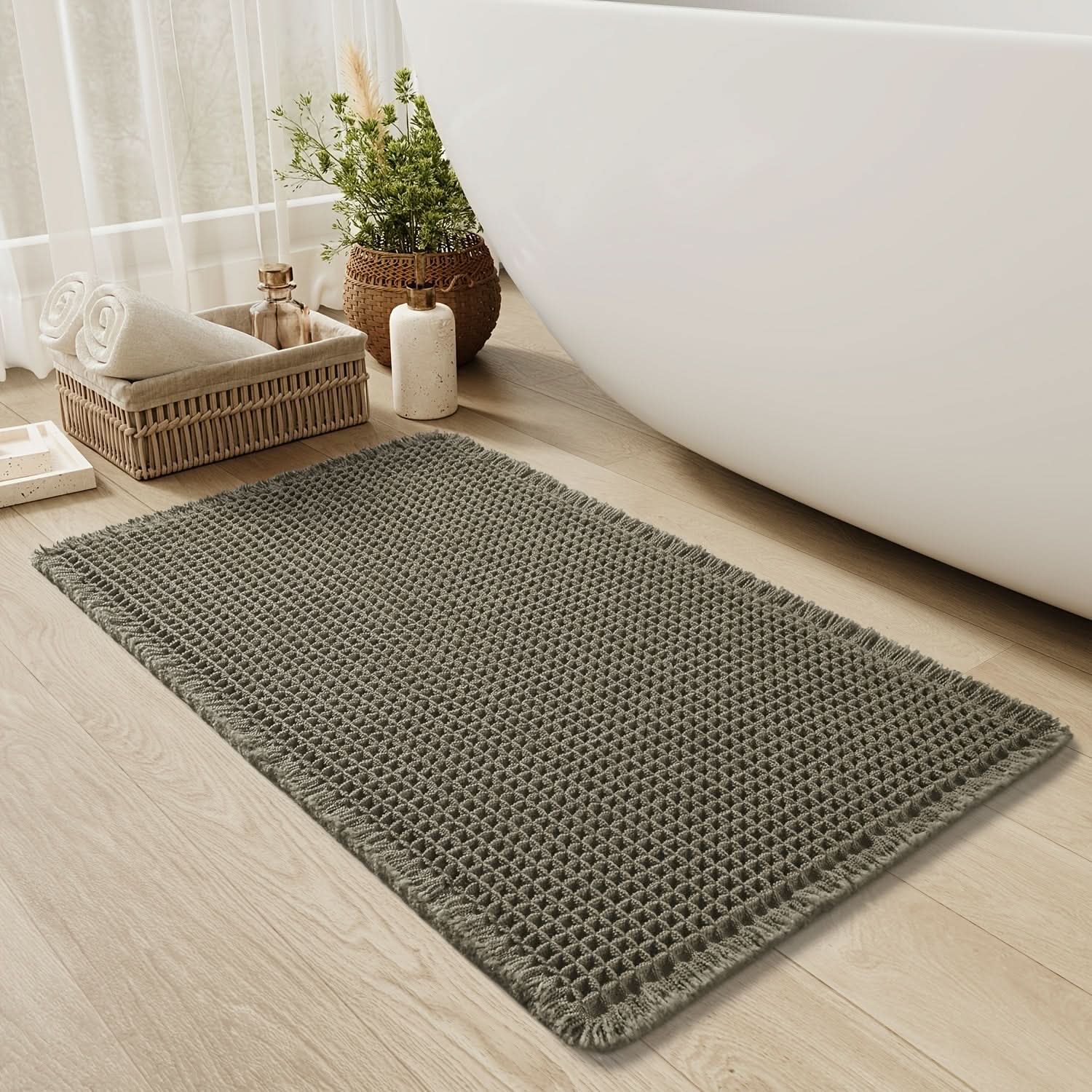 Soft Cotton Waffle Bathroom Rug with Non-Slip Backing