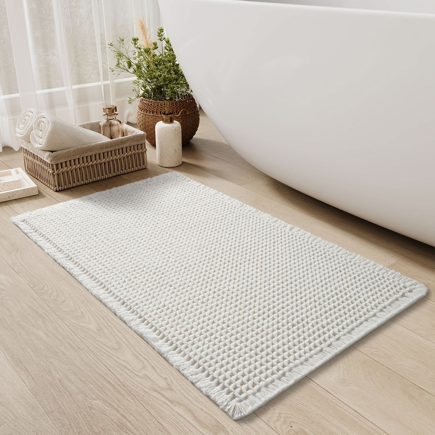 Soft Cotton Waffle Bathroom Rug with Non-Slip Backing