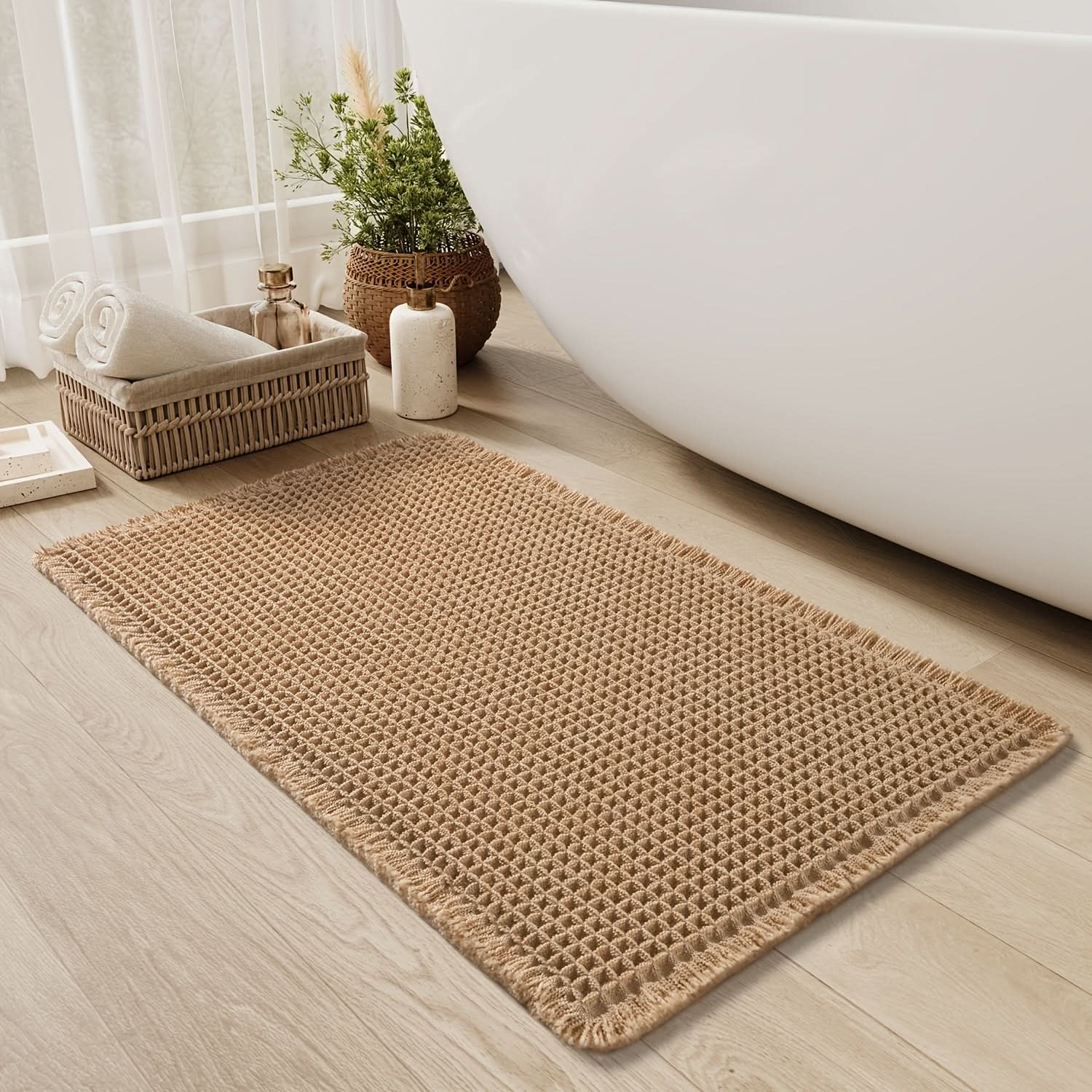 Soft Cotton Waffle Bathroom Rug with Non-Slip Backing