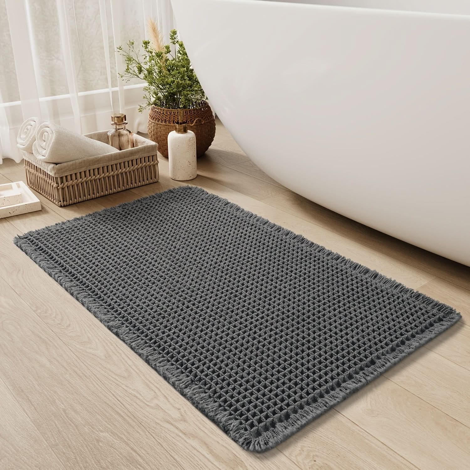 Soft Cotton Waffle Bathroom Rug with Non-Slip Backing