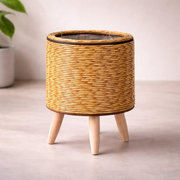 Planter Pot with Wooden Legs | Woven Basket Design | Indoor & Outdoor Use