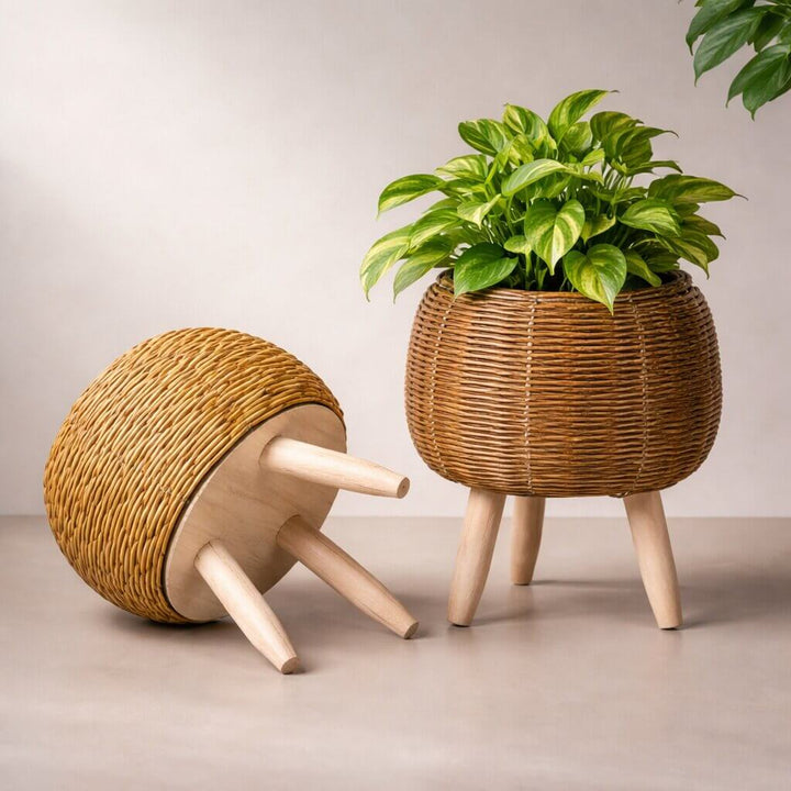 Planter Pot with Wooden Legs | Woven Basket Design | Indoor & Outdoor Use