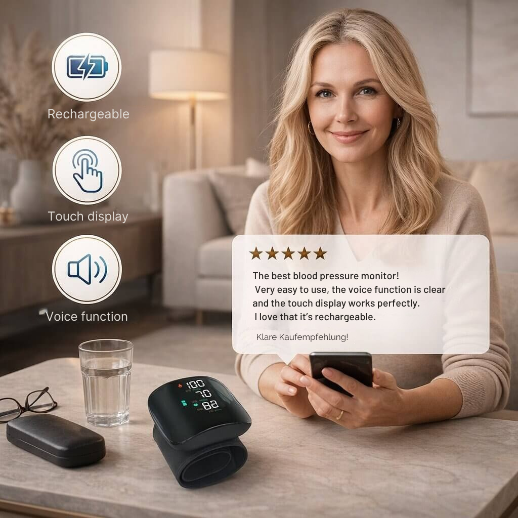 Wrist Blood Pressure Monitor | Touchscreen with Voice Feature | Rechargeable