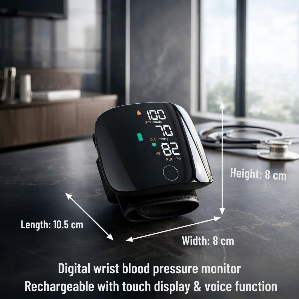 Wrist Blood Pressure Monitor | Touchscreen with Voice Feature | Rechargeable
