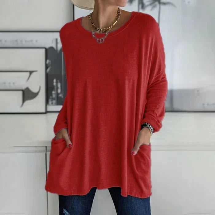 Loose-Fitting Long Sleeve Tunic Top with Pocket and Round Neck