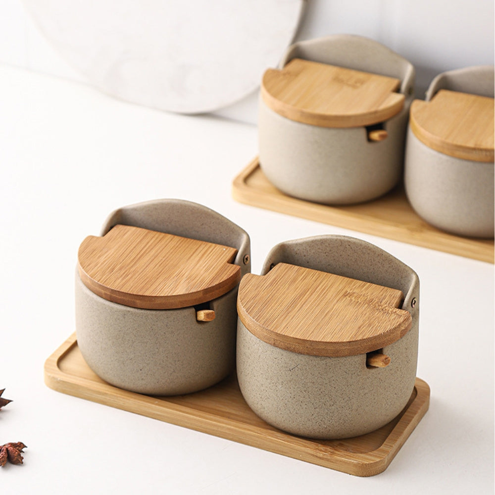 Elegant Ceramic Spice Container with Bamboo Lid and Spoon