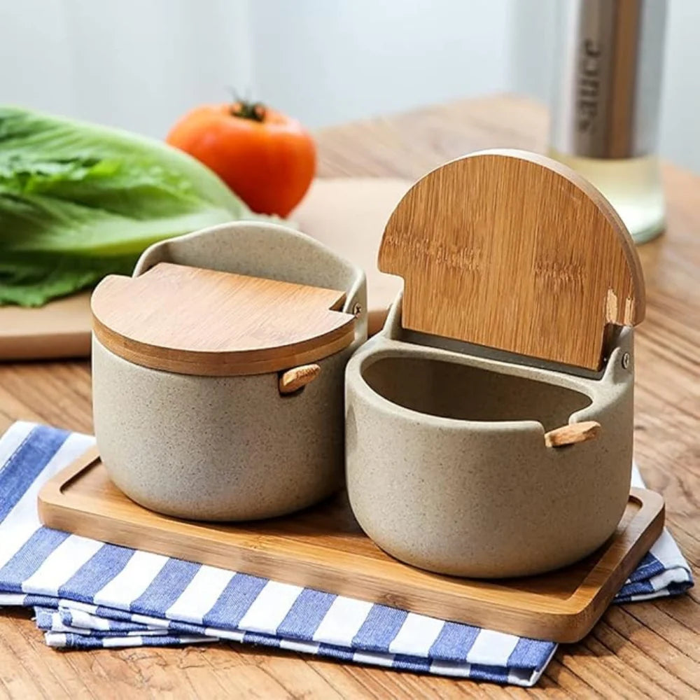 Elegant Ceramic Spice Container with Bamboo Lid and Spoon