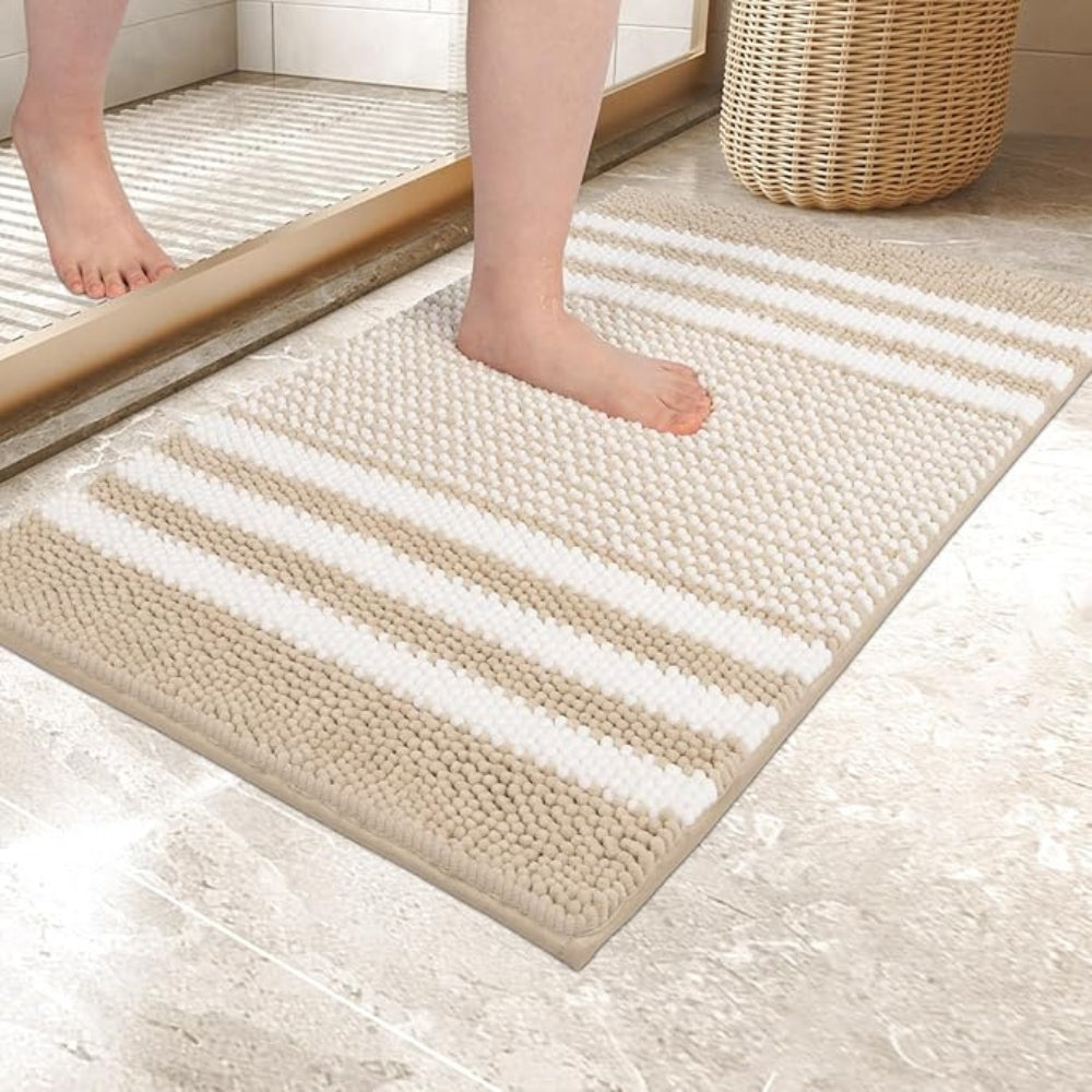 Luxury Plush Bath Rug with Secure Grip and Stylish Stripes