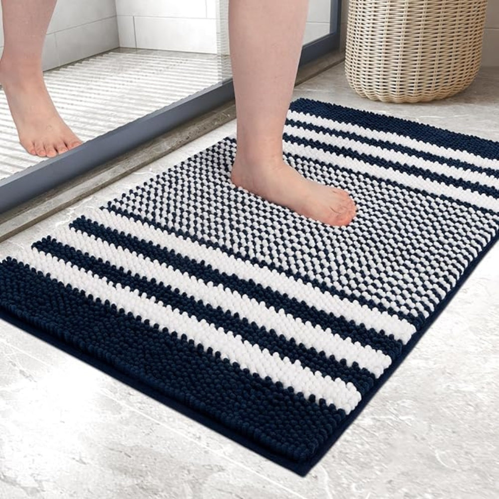 Luxury Plush Bath Rug with Secure Grip and Stylish Stripes