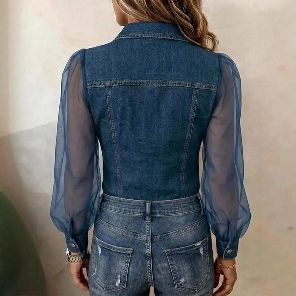 Stylish Women's Denim Top with Puff Sleeves