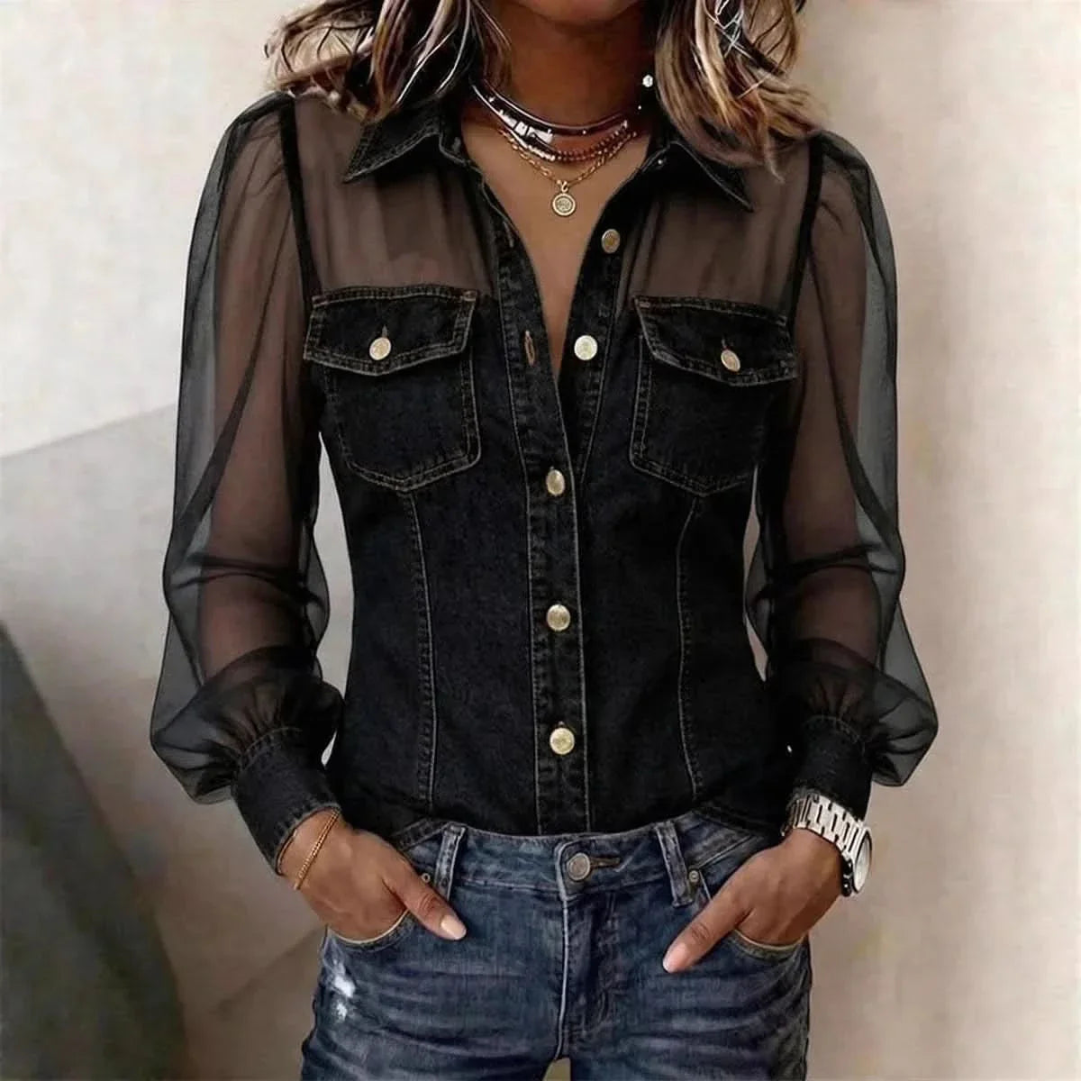 Stylish Women's Denim Top with Puff Sleeves