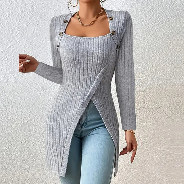 Women's Ribbed Knit Dress with Square Neckline