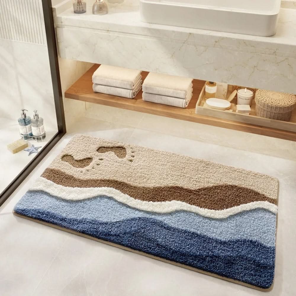 Seaside Footprint Bath Mat - Non-Slip Bathroom Rug with Coastal Design