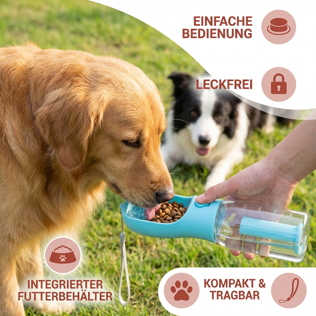 Dog Water Bottle with Food Storage and Waste Bag Dispenser - 3-in-1
