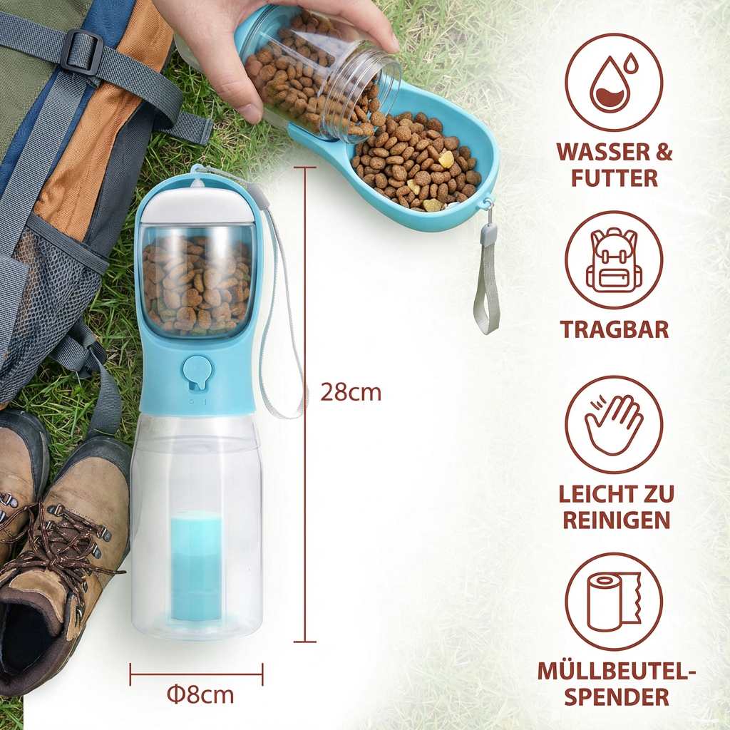 Dog Water Bottle with Food Storage and Waste Bag Dispenser - 3-in-1