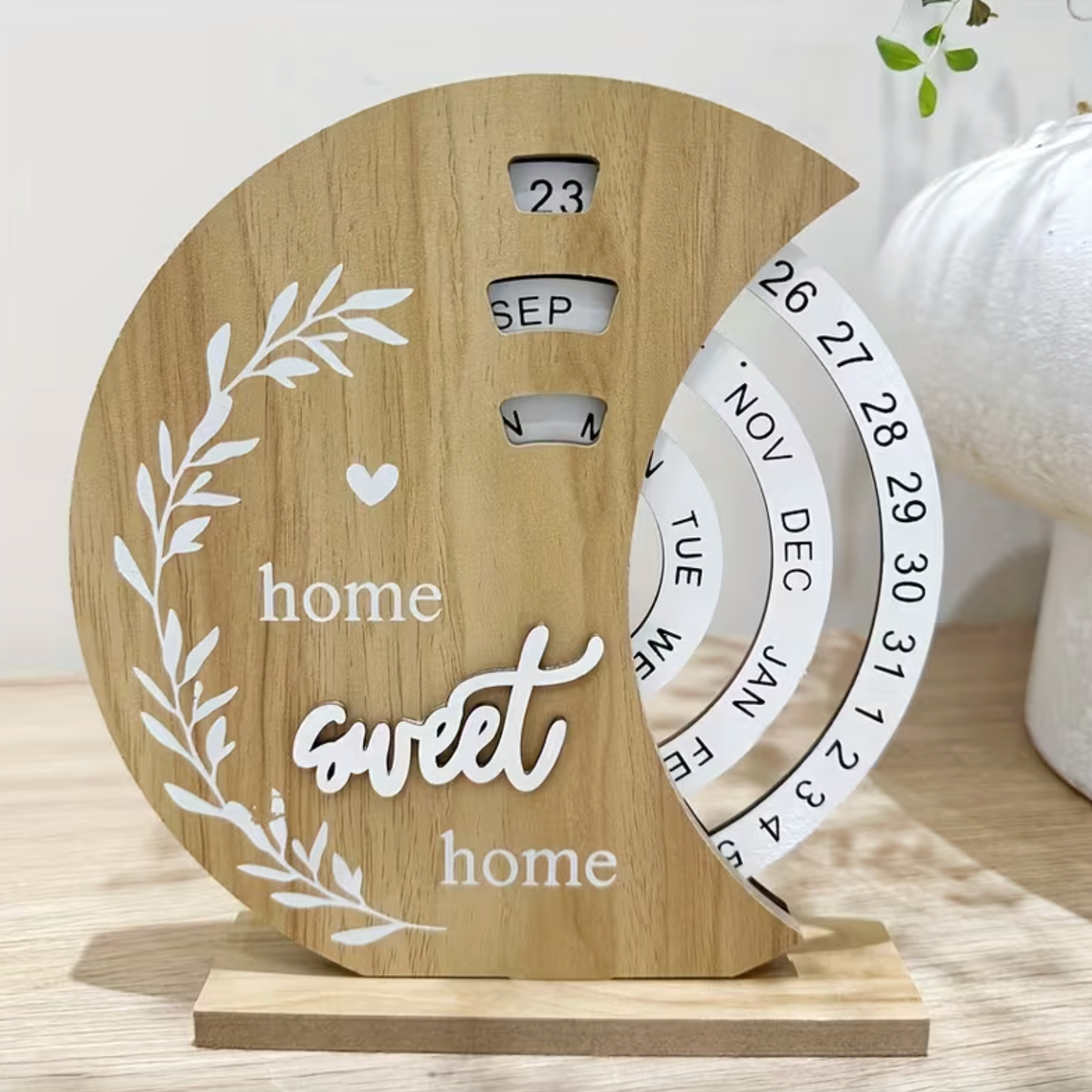 Elegant Wooden Rotating Date Calendar with Moon Design