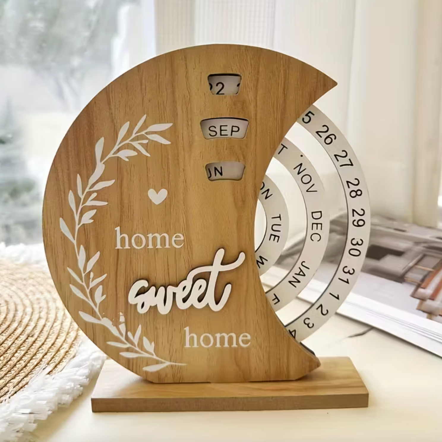 Elegant Wooden Rotating Date Calendar with Moon Design