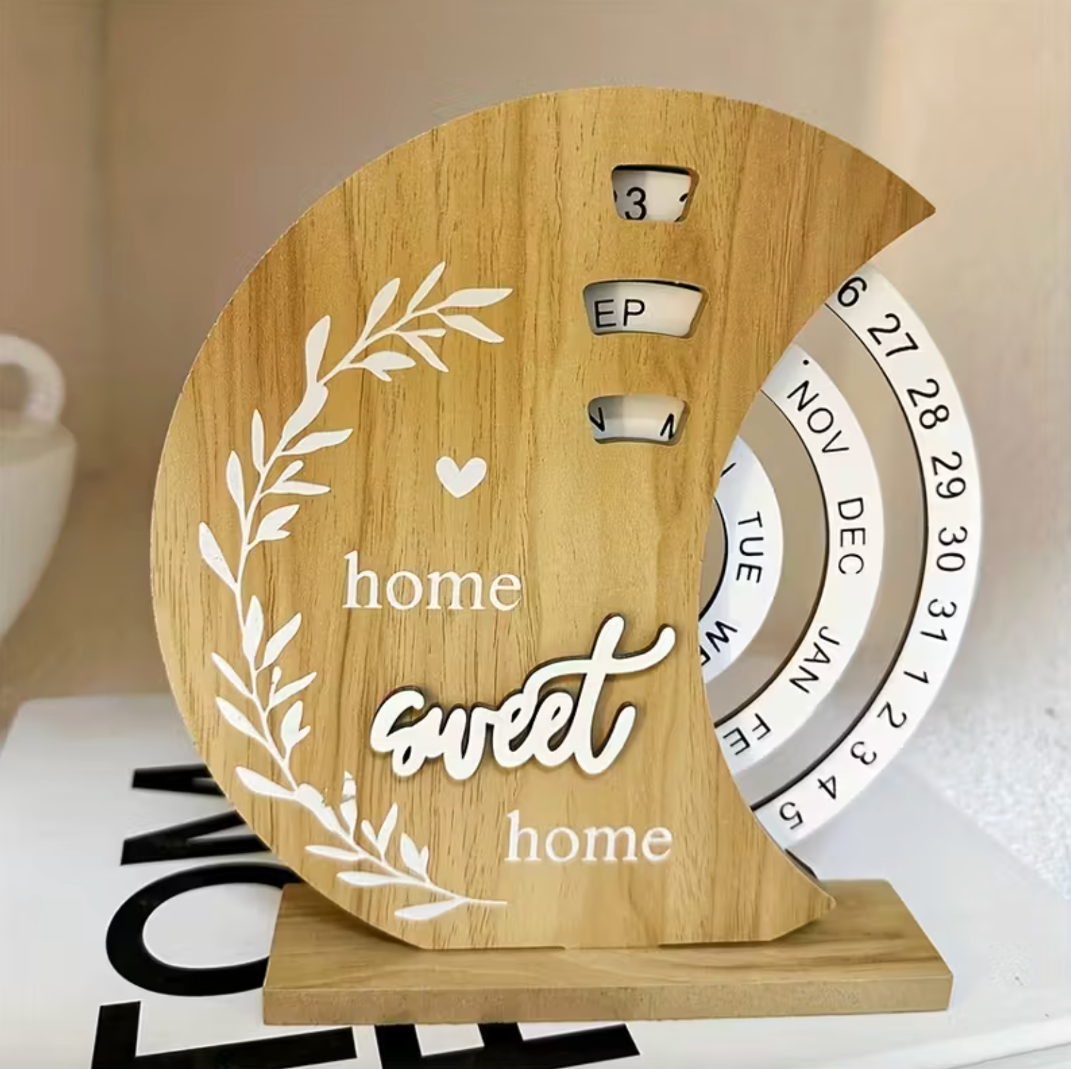 Elegant Wooden Rotating Date Calendar with Moon Design
