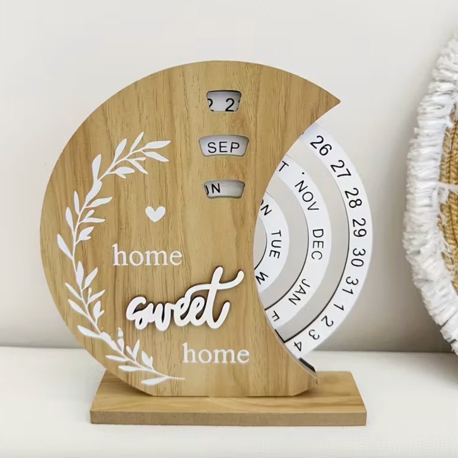 Elegant Wooden Rotating Date Calendar with Moon Design