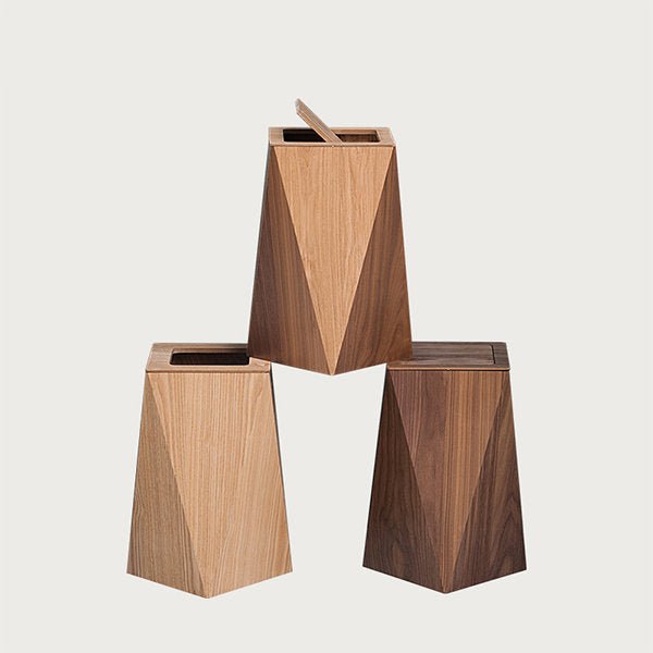 Geometric Wood Trash Can with Lid for Modern Spaces