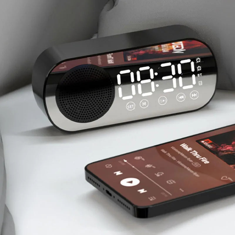 Sleek Bluetooth Alarm Clock with Mirror Display and FM Radio