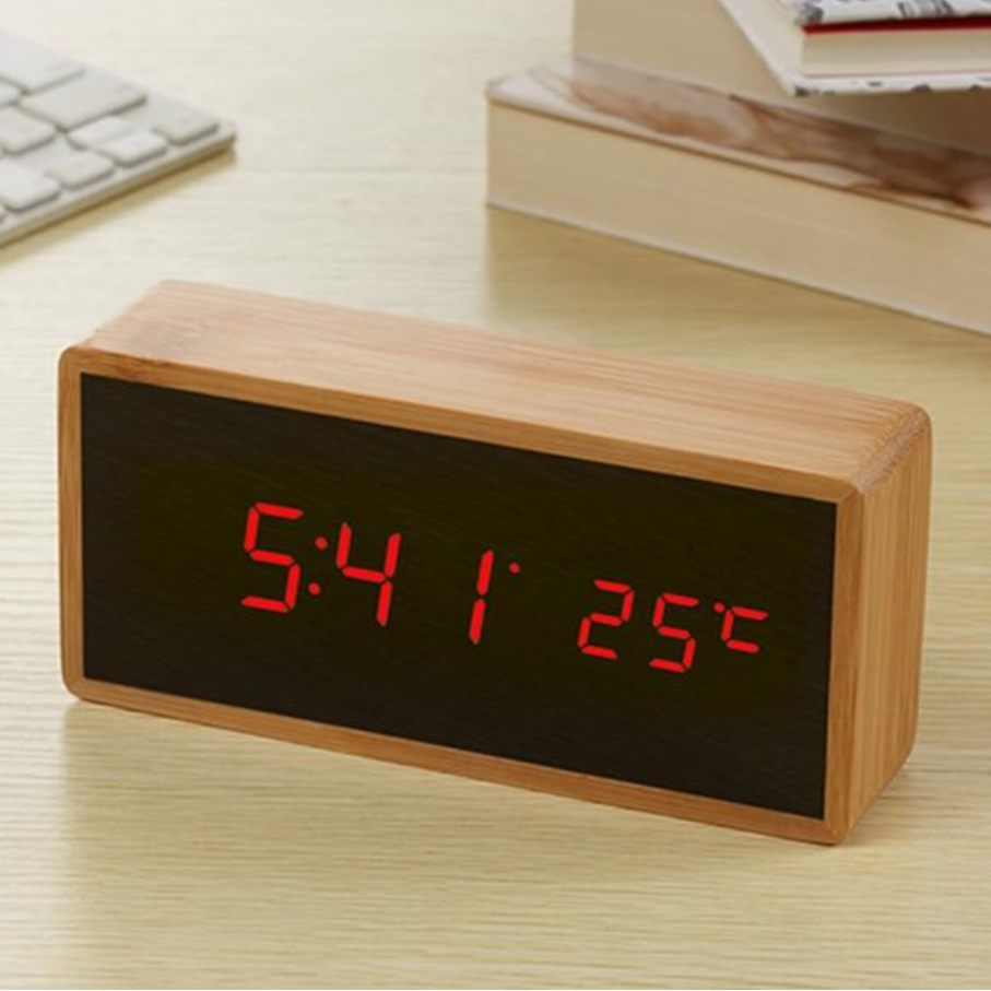 Sustainable Bamboo LED Clock with Temperature and Sound Activation