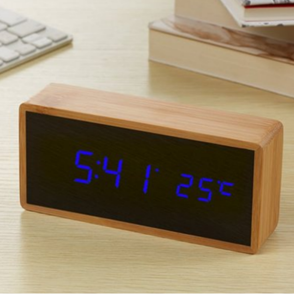 Sustainable Bamboo LED Clock with Temperature and Sound Activation