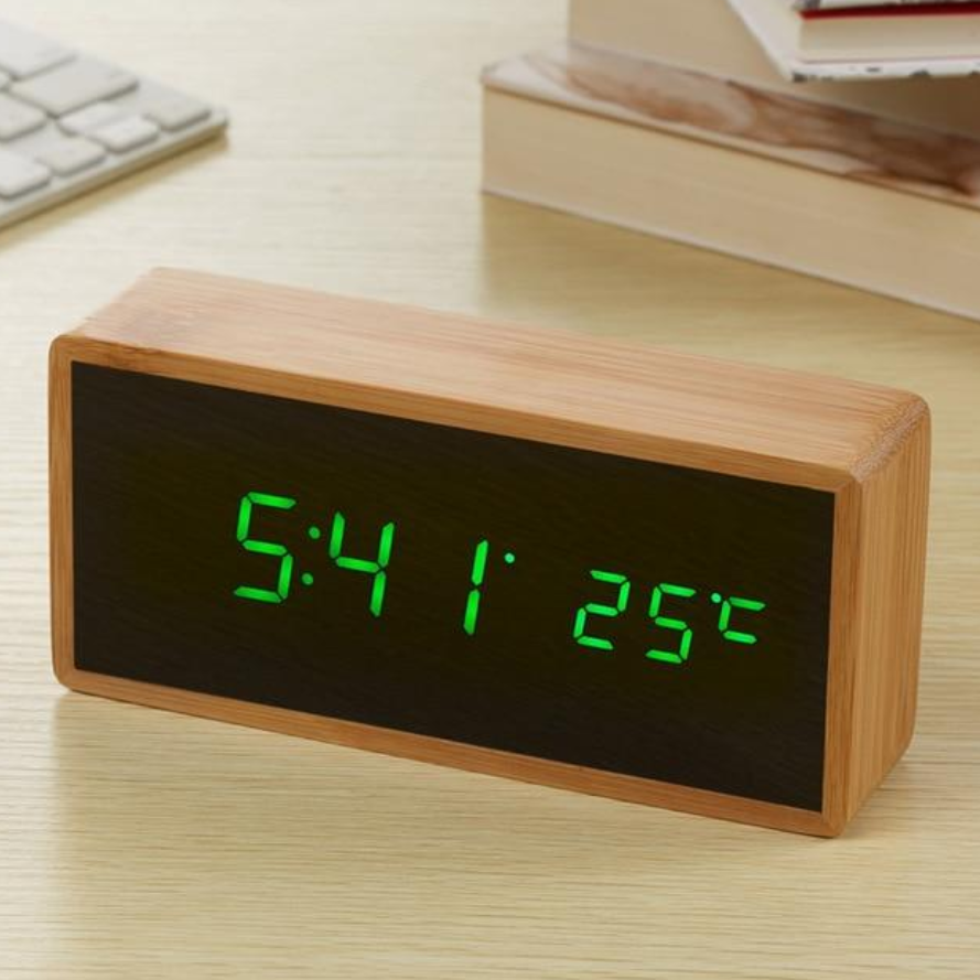 Sustainable Bamboo LED Clock with Temperature and Sound Activation