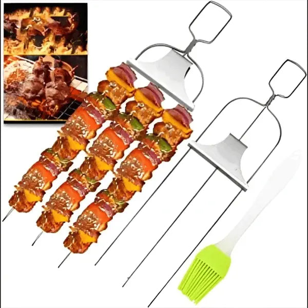 Stainless Steel Skewers | Double Prongs | Slide Scraper for Clean Serving