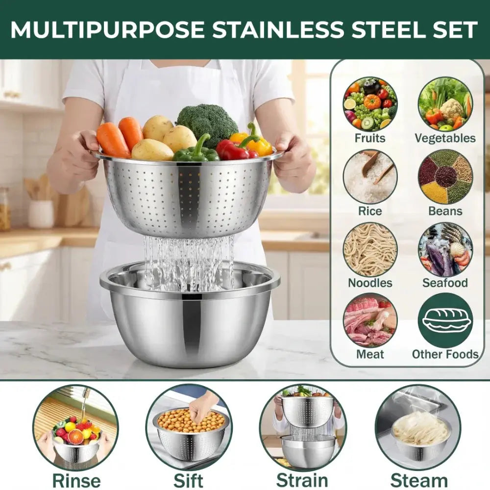 Stainless Steel Mixing Bowl Set with Sieve and Grater – 3 Pieces