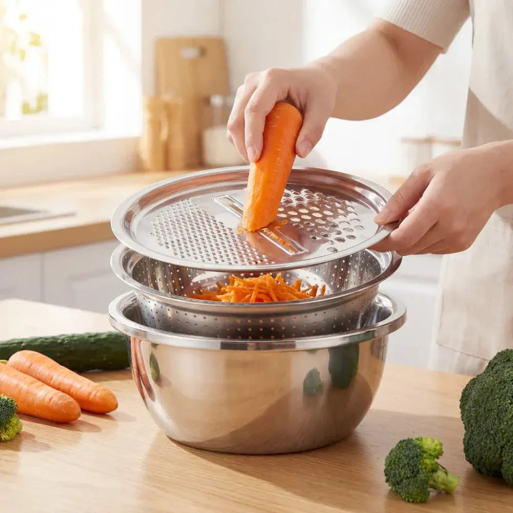 Stainless Steel Mixing Bowl Set with Sieve and Grater – 3 Pieces