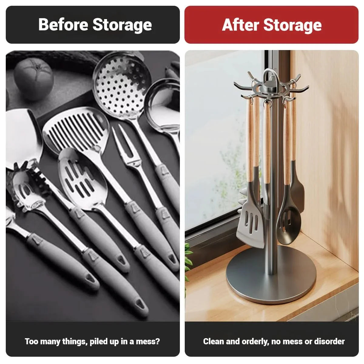 Rotating Kitchen Tool Organizer with Hooks