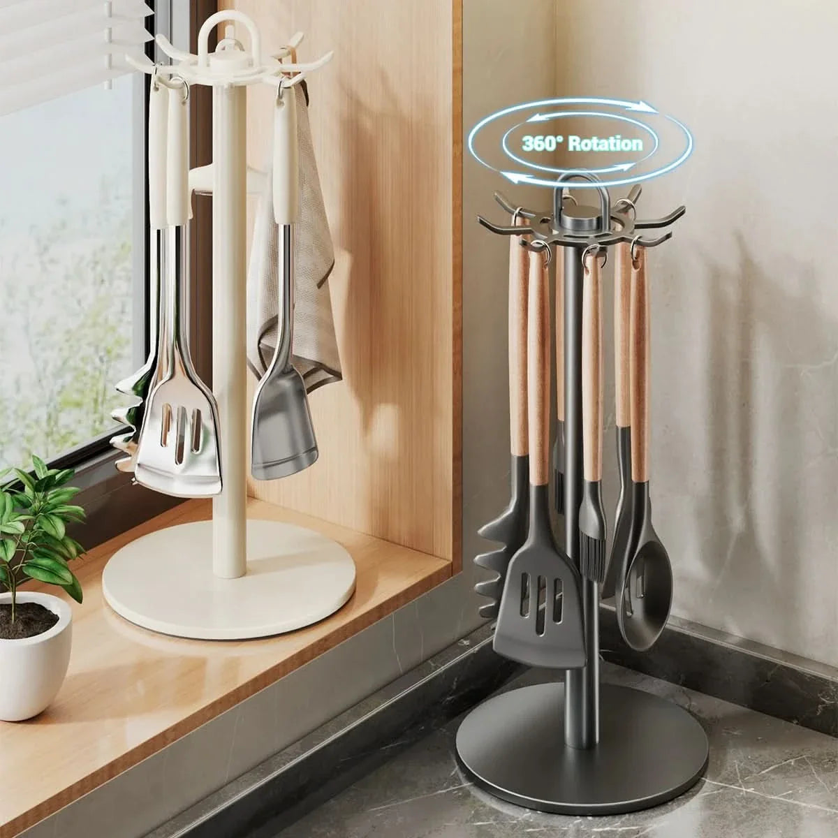 Rotating Kitchen Tool Organizer with Hooks
