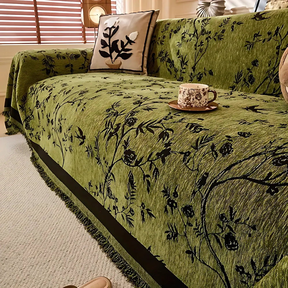 Charming Floral Chenille Sofa Throw with Elegant Tassels