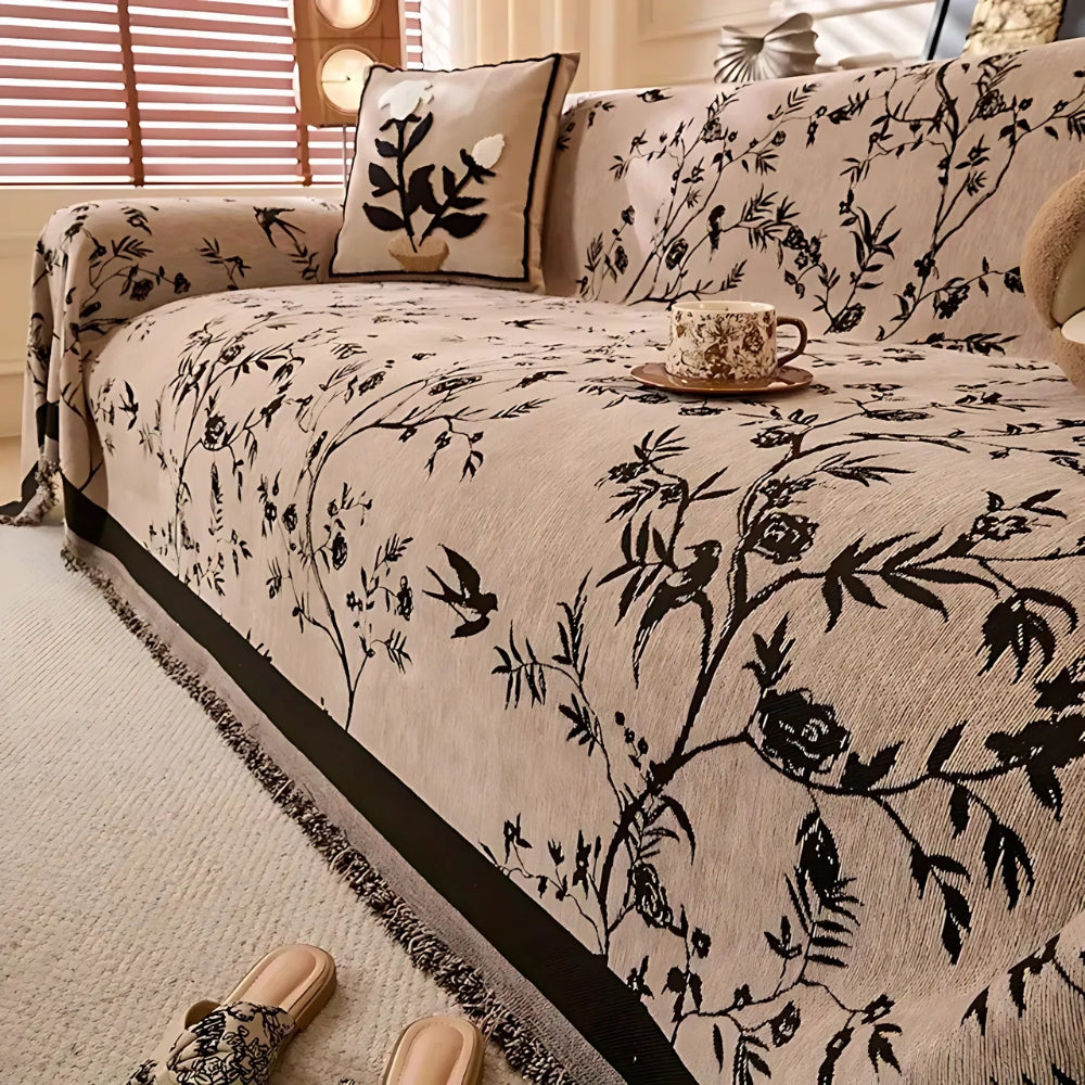Charming Floral Chenille Sofa Throw with Elegant Tassels