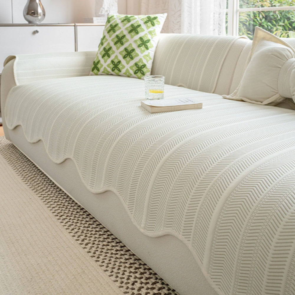 Chic Herringbone Slipcover with Stylish Scalloped Trim