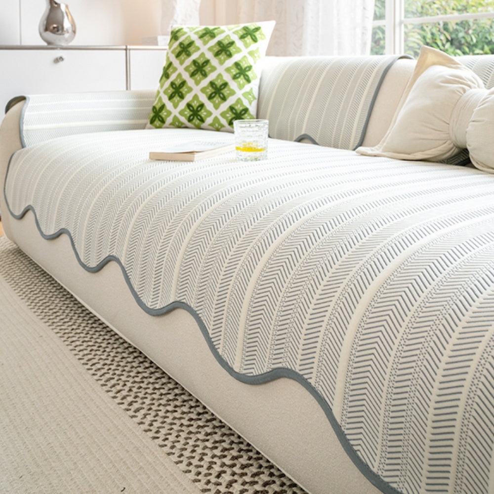 Chic Herringbone Slipcover with Stylish Scalloped Trim