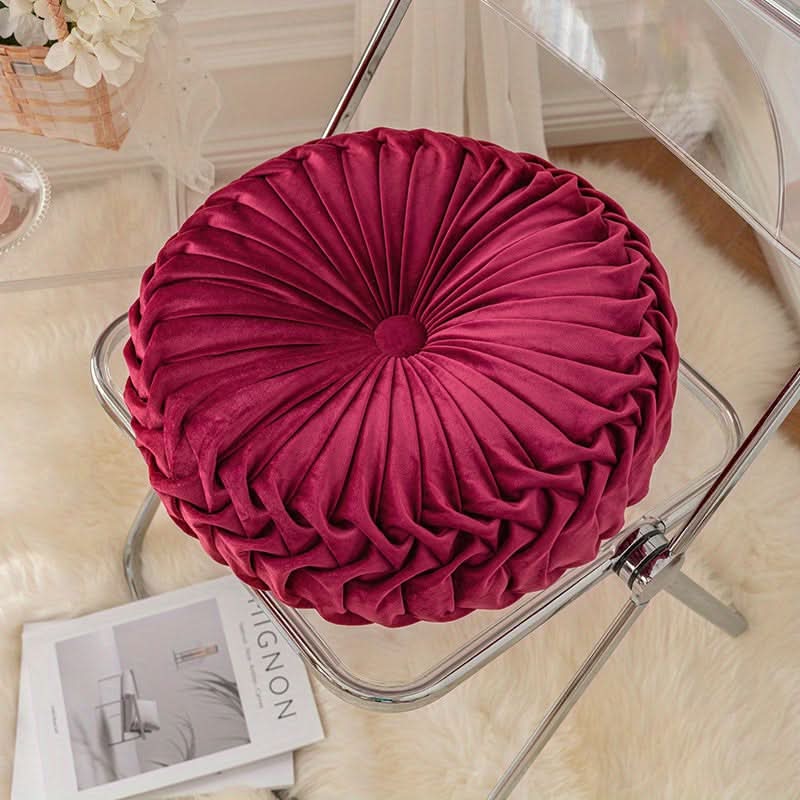 Round Velvet Cushion with Pleated Design