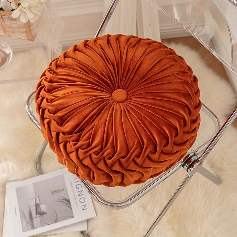 Round Velvet Cushion with Pleated Design