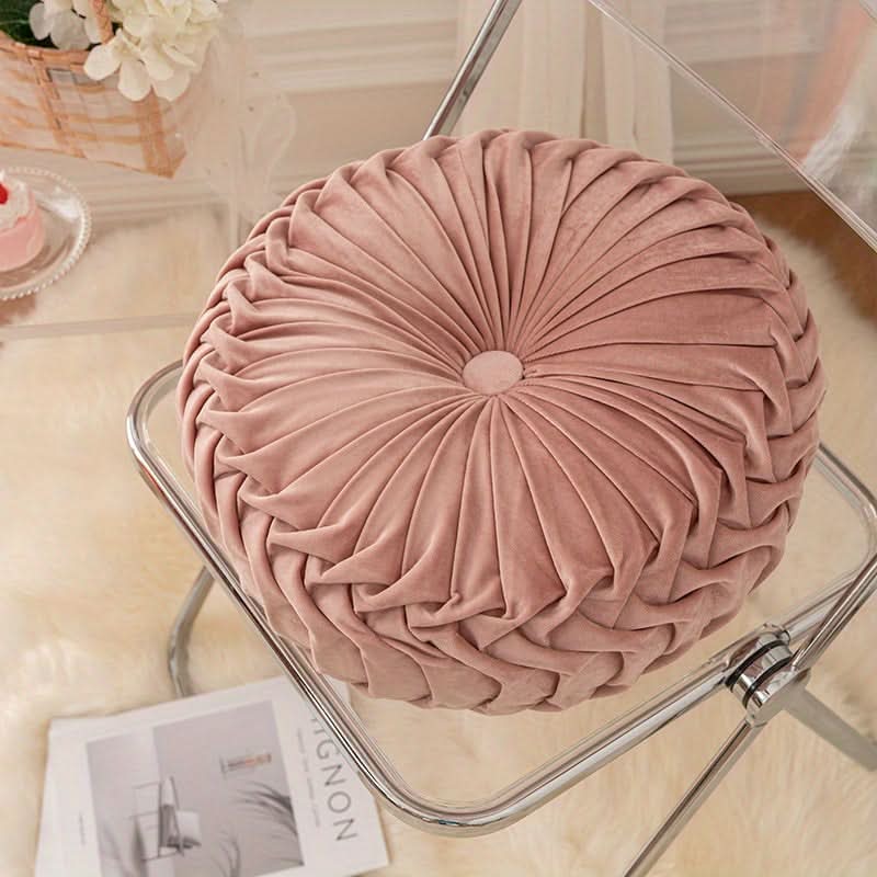 Round Velvet Cushion with Pleated Design