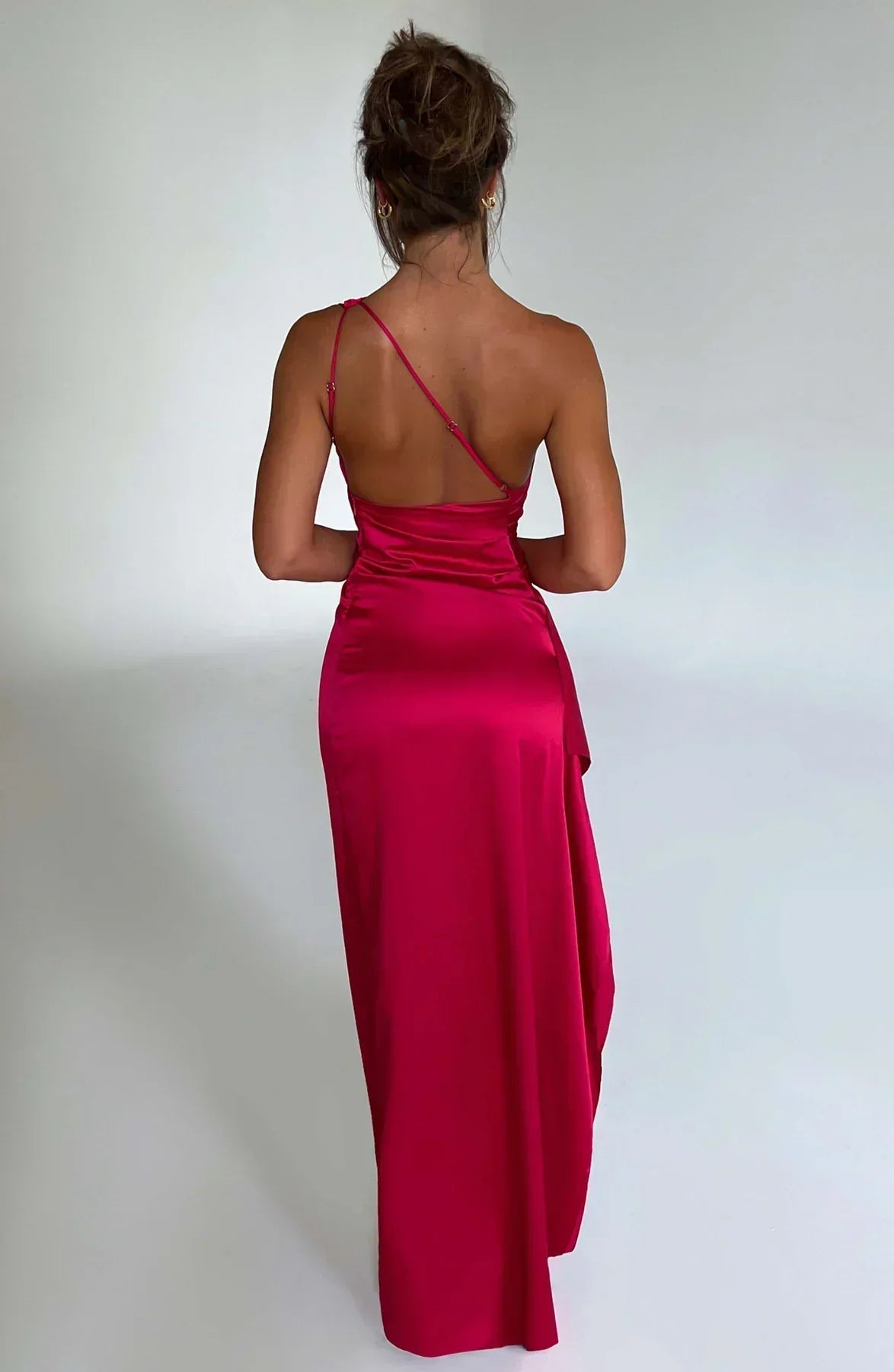 Celeste Satin Pleated Evening Dress with Shoulder Cut