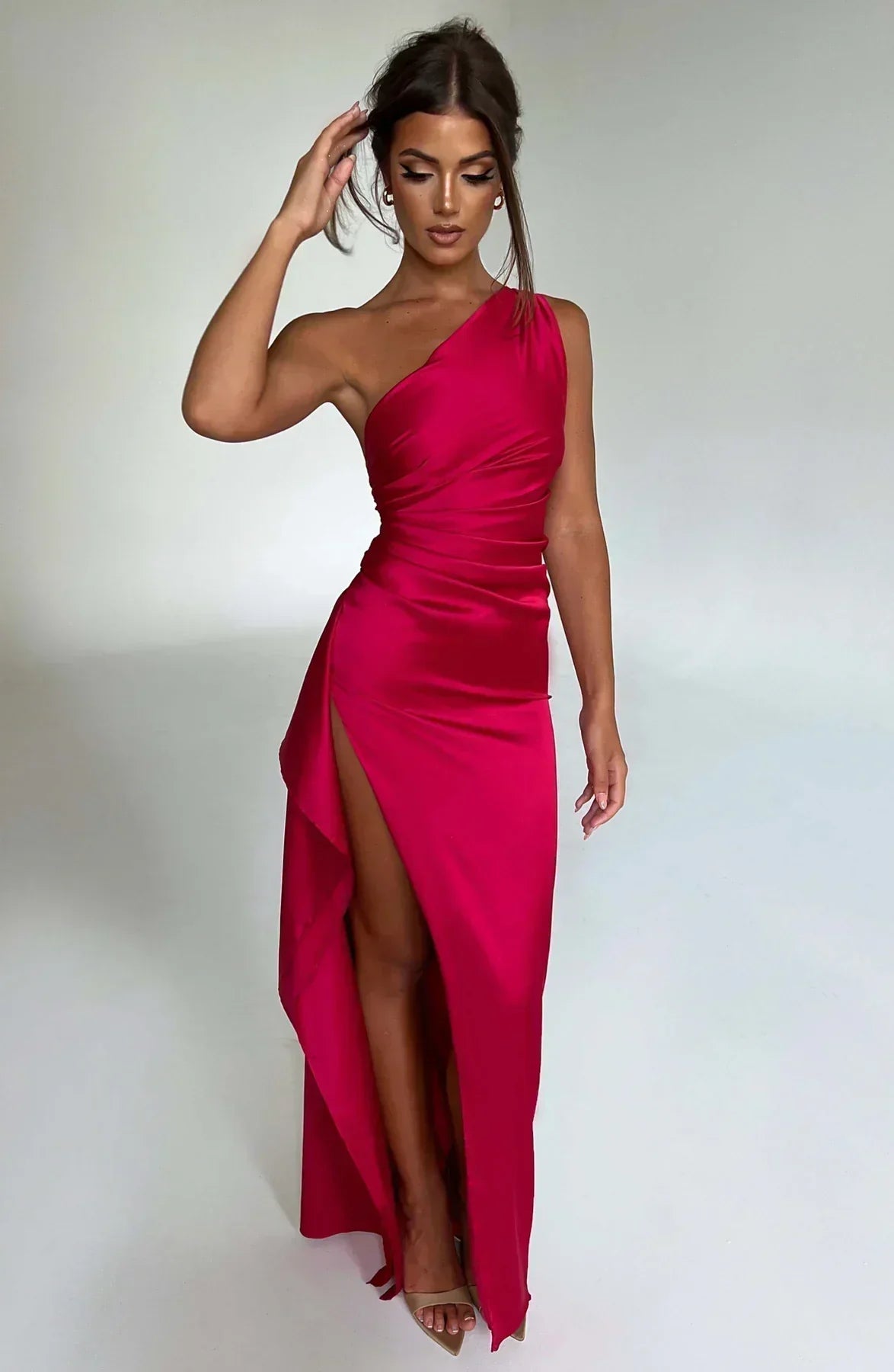 Celeste Satin Pleated Evening Dress with Shoulder Cut
