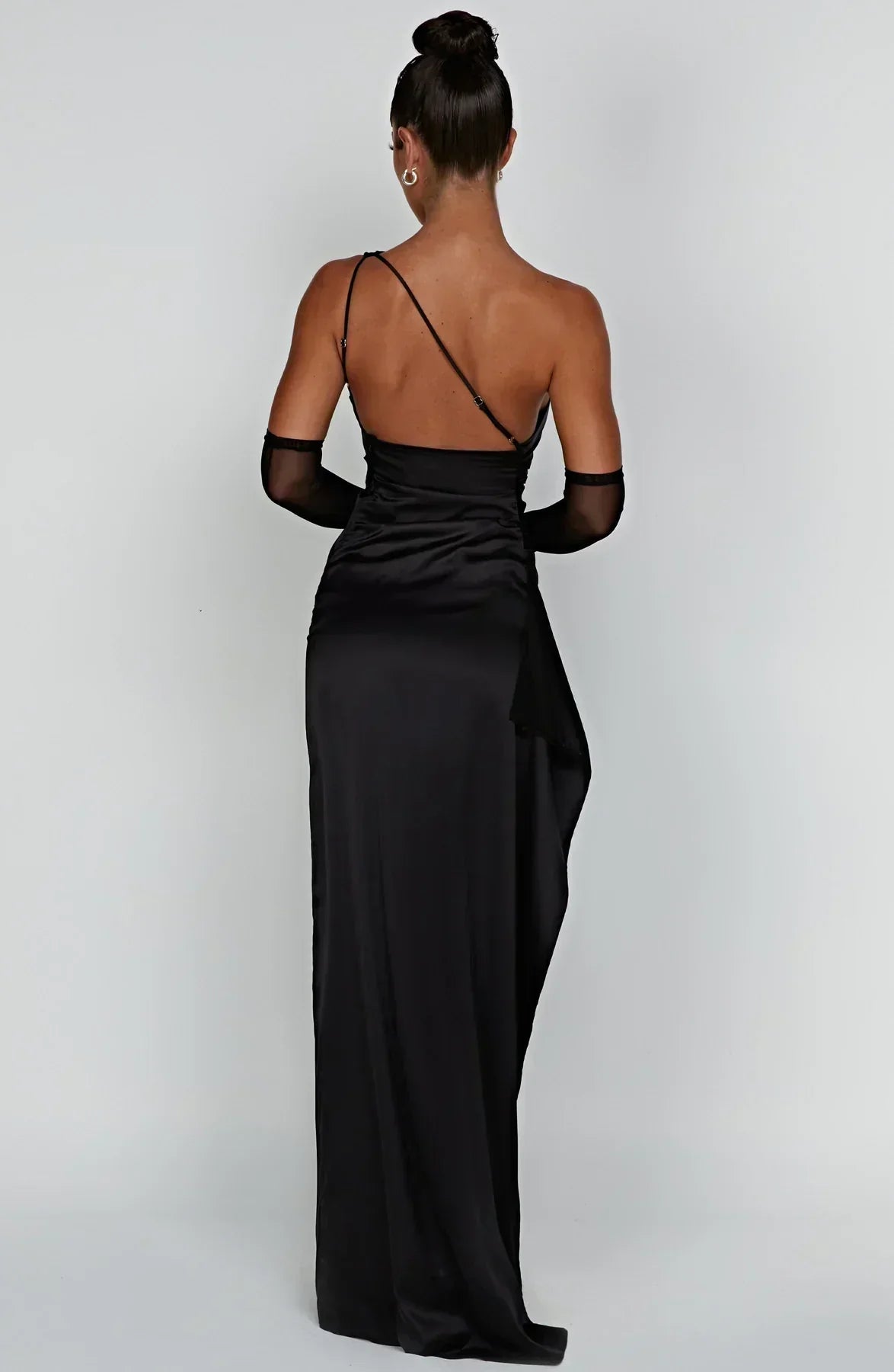 Celeste Satin Pleated Evening Dress with Shoulder Cut