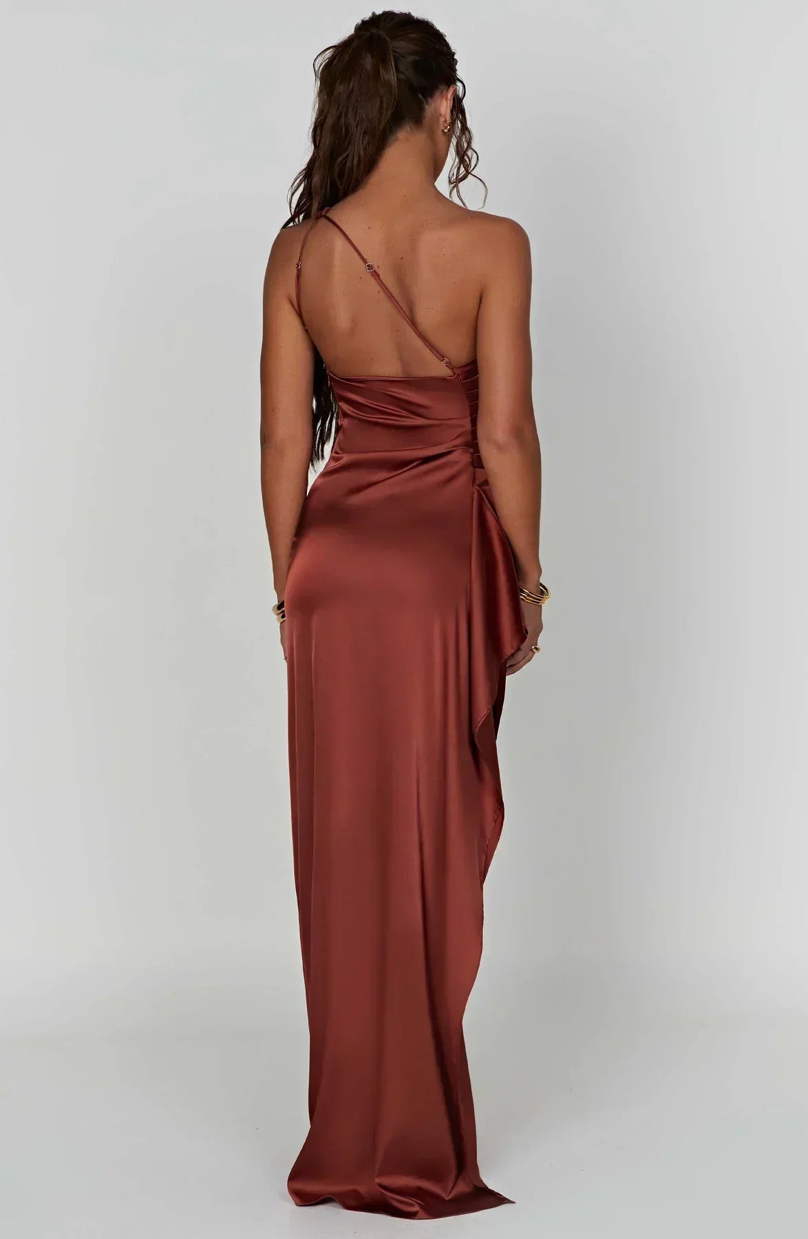 Celeste Satin Pleated Evening Dress with Shoulder Cut
