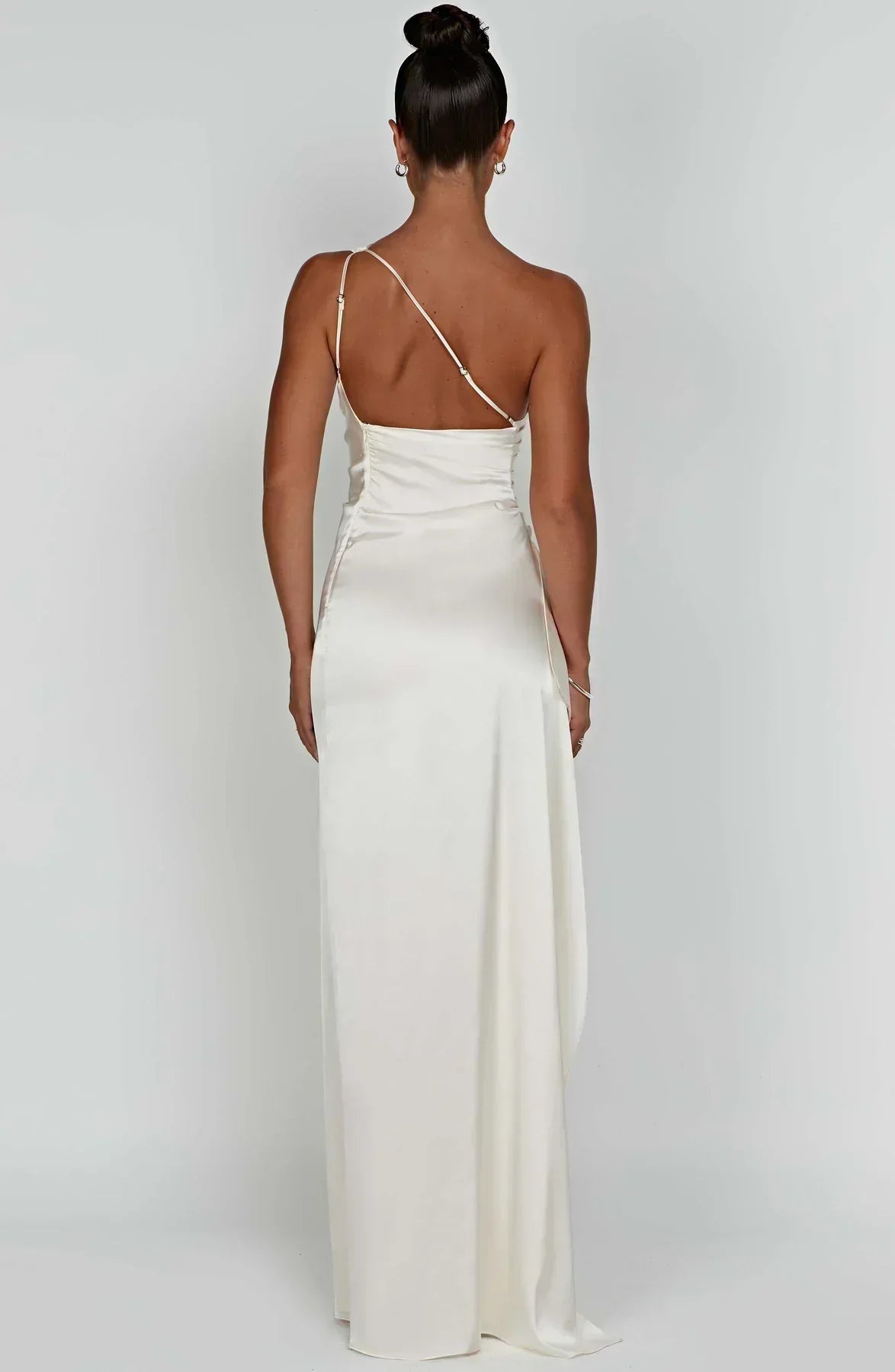 Celeste Satin Pleated Evening Dress with Shoulder Cut